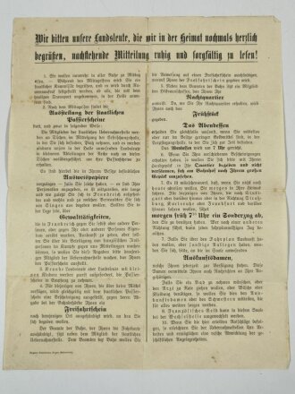 Deutschland 1. Weltkrieg, Bekanntmachung an "Unsere Landsleute", Singen (Hohentwiel), ca. 30 x 23 cm, gebraucht