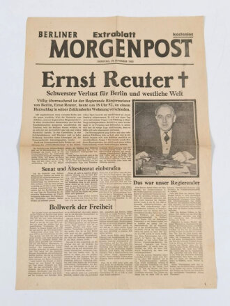 Deutschland nach 1945, Extrablatt der Berliner Morgenpost zum Tod von Ernst Reuter, 29. September 1953, guter Zustand