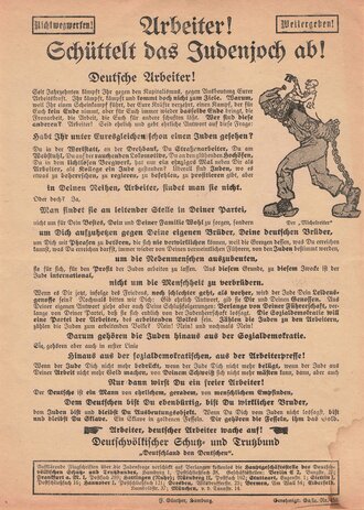 Deutschvölkischer Schutz- und Trutzbund, Flugblatt " Arbeiter! Schüttelt das Judenjoch ab!", Hamburg, um 1920, ca. DIN A4, gebraucht
