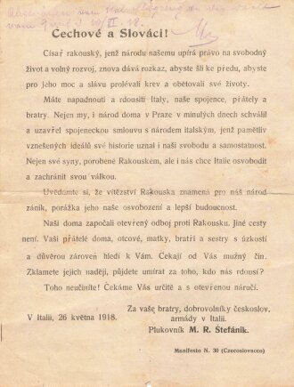 Tschechoslowakei, Flugblatt "Cechove a Slovaci!/Polacy!" (Tschechen und Slowaken/Polen!), gez. Oberst M.R. Stefanik, Kvetna, 1918, Manifesto N. 30/31, 21 x 16 cm, gebraucht