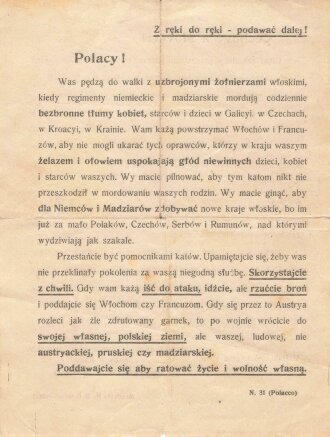 Tschechoslowakei, Flugblatt "Cechove a Slovaci!/Polacy!" (Tschechen und Slowaken/Polen!), gez. Oberst M.R. Stefanik, Kvetna, 1918, Manifesto N. 30/31, 21 x 16 cm, gebraucht