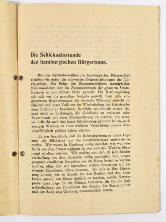 Deutsche Staatspartei, Heft/Broschüre "Die Schicksalsstunde des hamburgischen Bürgertums", Bürgermeister Dr. Carl Petersen, Hamburg, April 1932, 28 Seiten, ca. DIN A5, gelocht, gebraucht