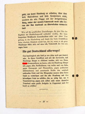 Deutsche Staatspartei, Heft/Broschüre "Die Schicksalsstunde des hamburgischen Bürgertums", Bürgermeister Dr. Carl Petersen, Hamburg, April 1932, 28 Seiten, ca. DIN A5, gelocht, gebraucht