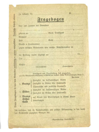 Reichsverband für Zucht und Prüfung deutschen Warmbluts, Heft "Bewerbung um das Deutsche Reiter-Abzeichen", 11 Seiten mit Fragebogen, ca, DIN A5, gebraucht, Fragebogen lose