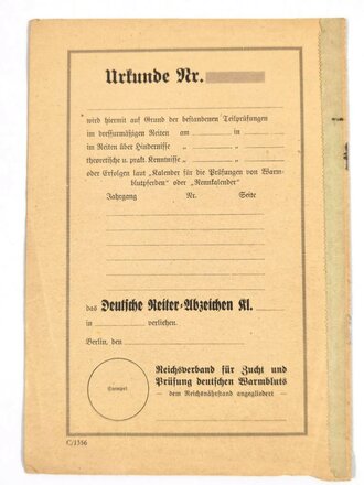 Reichsverband für Zucht und Prüfung deutschen Warmbluts, Heft "Bewerbung um das Deutsche Reiter-Abzeichen", 11 Seiten mit Fragebogen, ca, DIN A5, gebraucht, Fragebogen lose