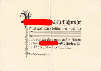 Blanko-Formular "Adolf-Hitler-Flachsspende", DIN A5, gefaltet, sonst guter Zustand