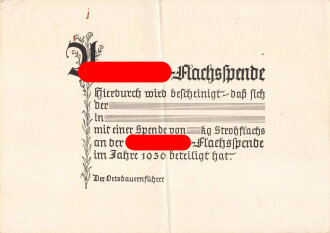 Blanko-Formular "Adolf-Hitler-Flachsspende", DIN A5, gefaltet, fleckig