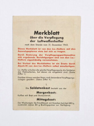 "Merkblatt über die Verpflegung der Luftwaffenhelfer", Luftgaukommando XVIII, Faltblatt, Wien, Januar 1944, guter Zustand