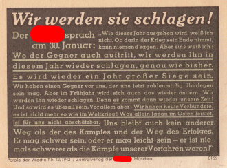 Parole der Woche Nr. 12, "Wir werden sie schlagen!", Zentralverlag der NSDAP, 7,5 x 10 cm, 1942, sehr guter Zustand