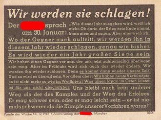 Parole der Woche Nr. 12, "Wir werden sie schlagen!", Zentralverlag der NSDAP, 7,5 x 10 cm, 1942, sehr guter Zustand
