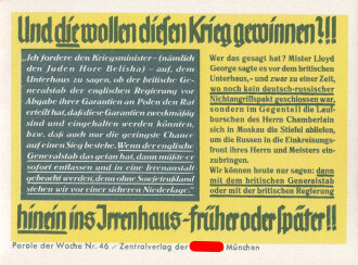 Parole der Woche Nr. 46, "Und die Wollen diesen Krieg gewinnen?!!", Zentralverlag der NSDAP, 7,5 x 10 cm, um 1943, sehr guter Zustand