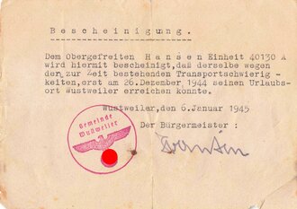 Feldpost/Luftfeldpost, "Bescheinigung für einen Obergefreiten der Einheit 40130 A", rückseitig 10 Briefmarken aufgeklebt, ungelaufen, Wurstweiler, 6. Januar 1945, gefaltet, gebraucht