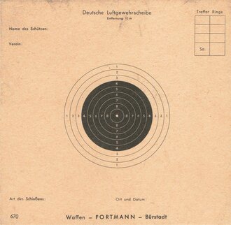 "Deutsche Luftgewehrscheibe", Waffen Fortmann Bürstadt, 10 x 10 cm, guter Zustand