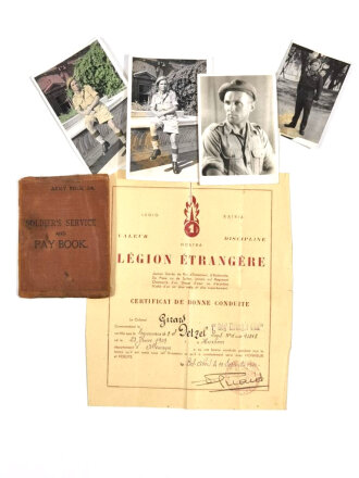 Britisches Soldbuch (1943-1946) von "Louis Detzel" aus Herxheim mit 4 Fotografien (9 x 13,5 cm) , eingetragen Africa, Italy und 1939-45 Star, Defense medal, dazu Führungszeugnis der französischen Fremdenlegion (1940)