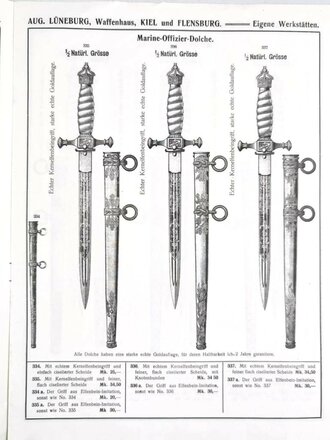 REPRINT Katalog "Marine-Offizier-Dolche, Dolchkoppel und Portepee", Waffenhaus August Lüneburg, Kiel und Flensburg, 8 Seiten, um 1910, 32 x 24 cm, guter Zustand