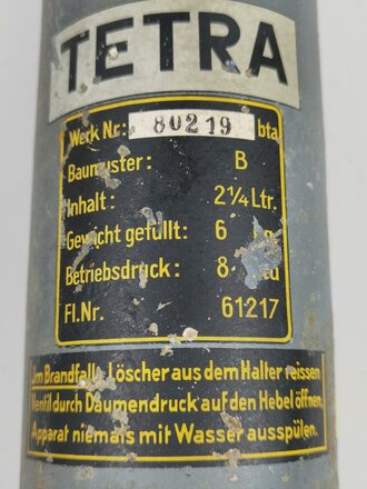 "Tetra" Feuerlöscher Wehrmacht. Originallack, vollständig leer, KEIN VERSAND NACH ÜBERSEE