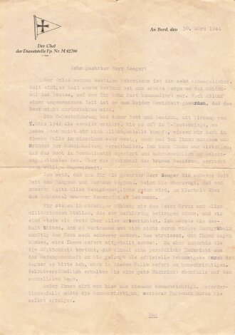 Korvettenkapitän und Ritterkreuzträger Karl-Heinz Moehle, eigenhändige Unterschrift auf Brief, 30. März 1944, DIN A4, gefaltet, sonst guter Zustand