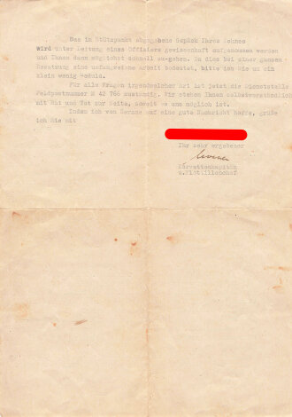 Korvettenkapitän und Ritterkreuzträger Karl-Heinz Moehle, eigenhändige Unterschrift auf Brief, 30. März 1944, DIN A4, gefaltet, sonst guter Zustand
