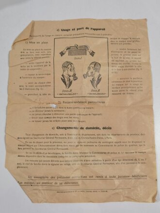 Frankreich 2. Weltkrieg, Gasmaske TC-38 mit Filter in Bereitschaftsbüchse mit Trageriemen und originaler Bedienungsanleitung, Originallack, in gutem Zustand