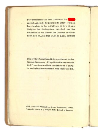 HJ, "Uns geht die Sonne nicht unter", Lieder der Hitler-Jugend, HJ Obergebiet West, 1934, 150 Seiten, ca. DIN A5, stark gebraucht