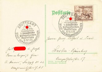 Postkarte mit Stempel "Stuttgart - Stadt der Auslandsdeutschen - 1. Schwäbische Postwertzeichen Ausstellung 8.-16.1.1938",  ca. 10,5 x 15 cm, ungelaufen, guter Zustand