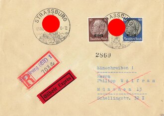 Elsass-Lothringen,  Briefumschlag mit R-Stempel und Stempel "Strassburg" und "München", Eilbote/Expres, 27.11.1940, ca. 11,5 x 16 cm, gelaufen