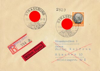 Elsass-Lothringen,  Briefumschlag mit R-Stempel und Stempel "Strassburg" und "München", Eilbote/Expres, 27.11.1940, ca. 11,5 x 16 cm, gelaufen