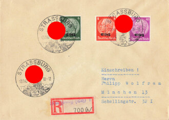 Elsass-Lothringen,Briefumschlag mit R-Stempel und Stempel "Strassburg" und "München", 27.11.1940, ca. 11,5 x 16 cm, gelaufen