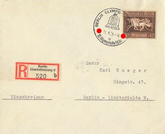 Olympia Berlin 1936,  Briefumschlag mit R-Stempel und Stempel "Berlin Olympisches Dorf", 11.8.1936, ca. 12,5 x 16 cm, gelaufen