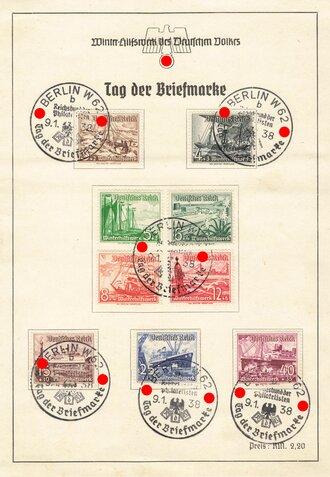 WHW, Gedenkblatt mit Stempel "Berlin W 62 - Tag der Briefmarke - Reichsbund der Philatelisten - 9.1.1938", DIN A5
