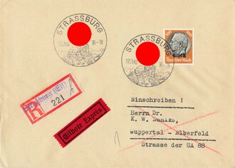 Elsass-Lothringen, Briefumschlag mit R-Stempel und Stempel "Strassburg", Eilbote/Expres, 27.11.1940, ca. 11,5 x 16 cm, gelaufen