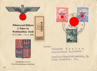 Böhmen und Mähren, Briefumschlag mit R-Stempel und Stempel "Prag 1 - 3 Jahre im Großdeutschen Reich - 15.III.1942", gelaufen