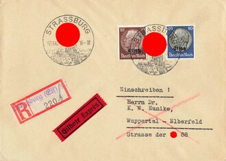 Elsass-Lothringen, Briefumschlag mit R-Stempel und Stempel "Strassburg", Eilbote/Expres, 27.11.1940, ca. 11,5 x 16 cm, gelaufen