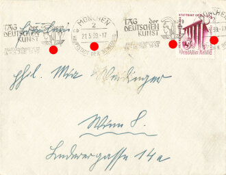 Briefumschlag mit Stempel "Tag der Deutschen Kunst zu München - 14.-16.- Juli 1939" und "München - Hauptstadt der Bewegung - 21.5.1939", gelaufen