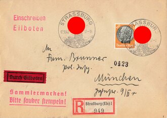 Elsass-Lothringen, Briefumschlag mit R-Stempel und Stempel "Strassburg" und "München - Hauptstadt der Bewegung", Einschreiben/Eilboten, "Sammlermarken! Bitte sauber stempeln!", 2.11.1940, gelaufen