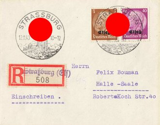 Elsass-Lothringen, Briefumschlag mit R-Stempel und Stempel "Strassburg", Einschreiben, 12.11.1940, gelaufen