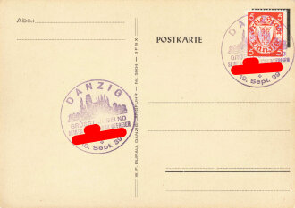 Ostpreußen, Postkarte mit Stempel "Danzig grüsst jubelnd seinen Führer und Befreier - 19. Sept. 1939", ungelaufen