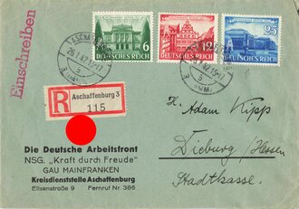 DAF / NSG KdF, Briefumschlag mit R-Stempel, Gau Mainfranken, 26.1.1942, Einschreiben, gelaufen