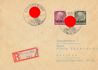Elsass-Lothringen, Ganzsache, Briefumschlag mit R-Stempel und Stempel "Strassburg", Einschreiben, 27.11.1940, gelaufen