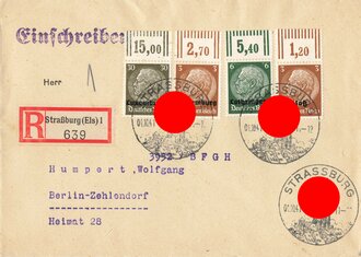 Elsass-Lothringen,  Briefumschlag mit R-Stempel und Stempel "Strassburg", Marken mit Oberrand, 1.10.1941, gelaufen