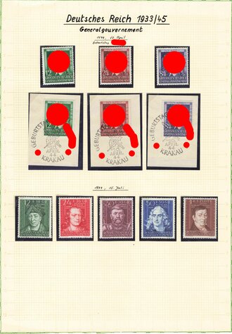 Generalgouvernement, 11 Briefmarken, davon 3 mit Stempel "Geburtstag des Führers - 20. April 1944 - Krakau", DIN A4