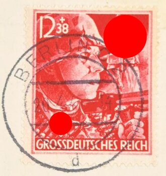 Briefmarke "Parteiorganisation SS - Grossdeutsches Reich", 12 + 38 Pfennig, ausgegeben und gestempelt, 20.04.1945, gelaufen