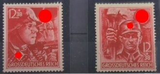 4 Briefmarken "Parteiformationen SA und SS - Grossdeutsches Reich", 12 + 38 Pfennig, geprüft am 12.05.2009 "Oechsner"