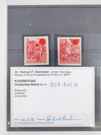 4 Briefmarken "Parteiformationen SA und SS - Grossdeutsches Reich", 12 + 38 Pfennig, geprüft am 12.05.2009 "Oechsner"
