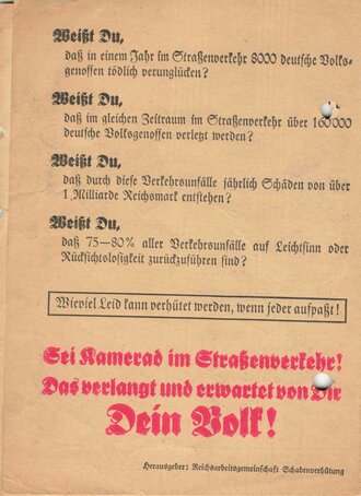 Faltblatt "Fußgänger - Augen auf im Straßenverkehr - 10 Gebote für Fußgänger", hrsg. v. der Reichsarbeitsgemeinschaft Schadenverhütung, ca. 10,5 x 15 cm, gelocht, gebraucht