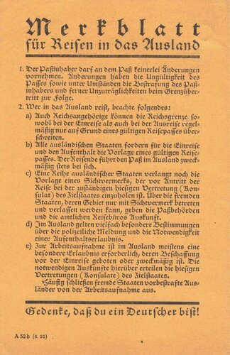 "Merkblatt für Reisen in das Ausland - Gedenke, dass du ein Deutscher bist!", um 1932, ca. 9,5 x 15 cm, sehr guter Zustand