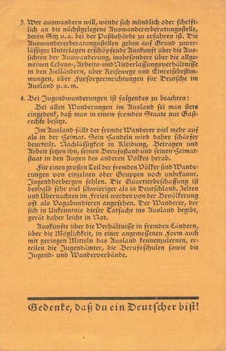 "Merkblatt für Reisen in das Ausland - Gedenke, dass du ein Deutscher bist!", um 1932, ca. 9,5 x 15 cm, sehr guter Zustand