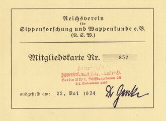 Mitgliedskarte "Reichsverein für Sippenforschung und Wappenkunde e.V. (RSW)", Berlin-Neukölln, 22. Mai 1934, ca. 9,5 x 13 cm, sehr guter Zustand