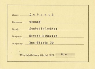 Mitgliedskarte "Reichsverein für...
