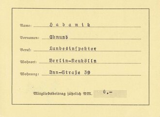 Mitgliedskarte "Reichsverein für Sippenforschung und Wappenkunde e.V. (RSW)", Berlin-Neukölln, 22. Mai 1934, ca. 9,5 x 13 cm, sehr guter Zustand